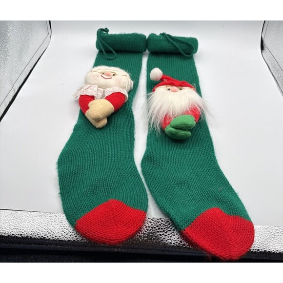 Vtg 22" Knit Christmas Stockings Santa & Mrs. Claus Pair Green Set Mom Dad - Picture 5 of 9